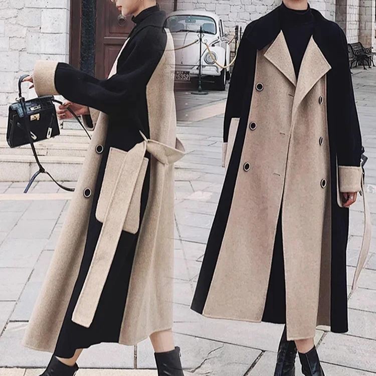 レディース ロング丈 配色 ウールコート