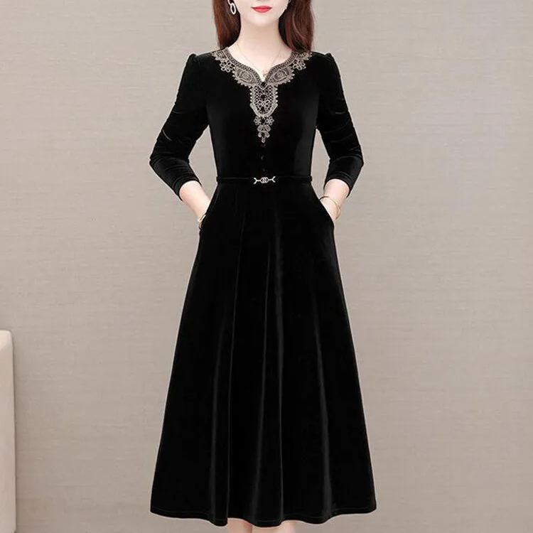 エレガントウエストスキミングゴールドベルベットワンピース