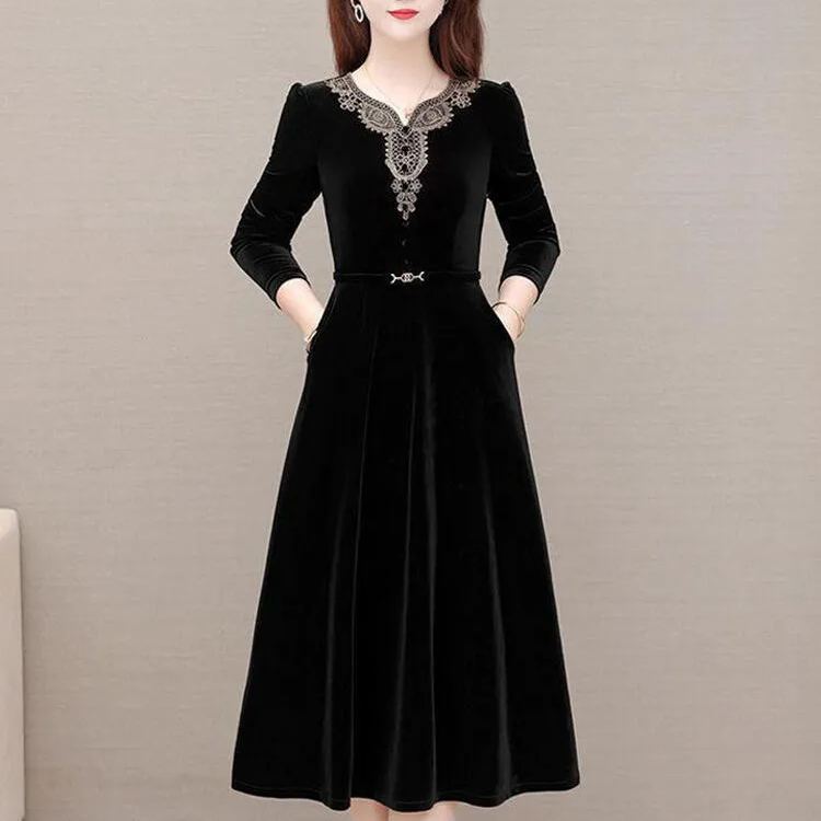 エレガントウエストスキミングゴールドベルベットワンピース