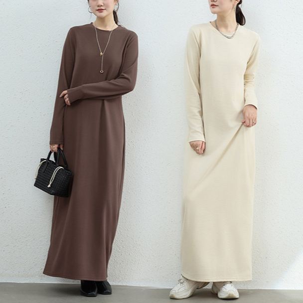 暖かい裏起毛マキシ・ロングワンピース