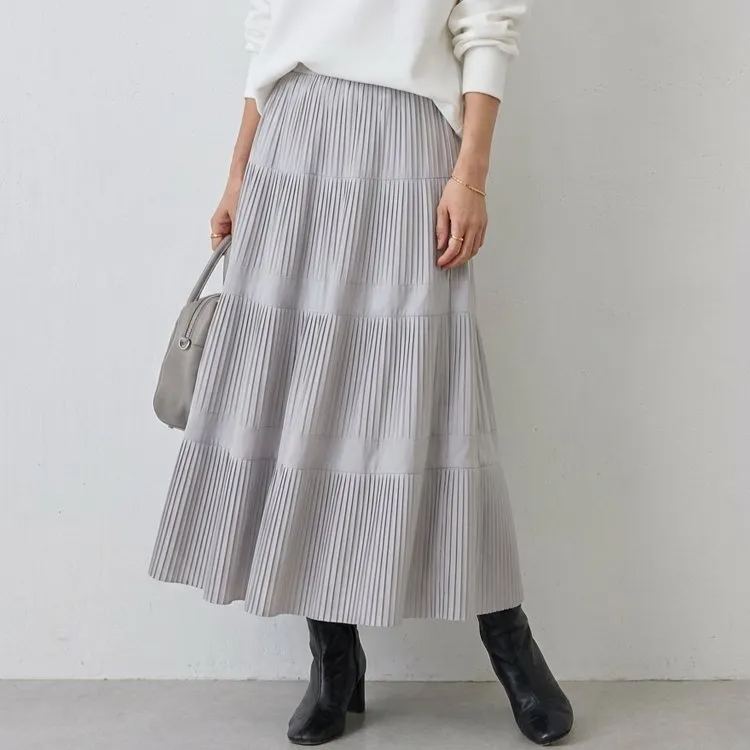 ハイウエスト 無地 カジュアル 秋冬用 プリーツ スカート