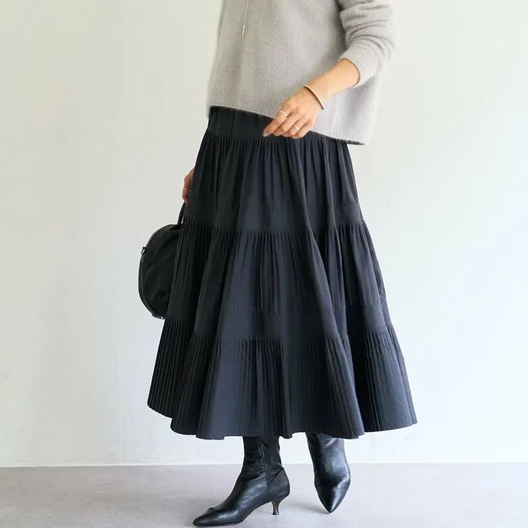 ハイウエスト 無地 カジュアル 秋冬用 プリーツ スカート