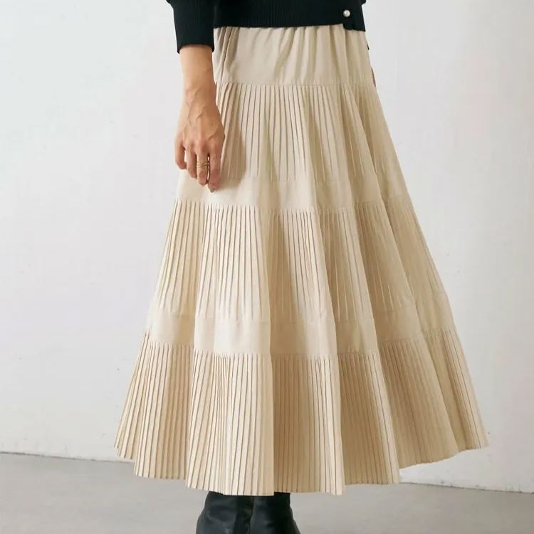 ハイウエスト 無地 カジュアル 秋冬用 プリーツ スカート