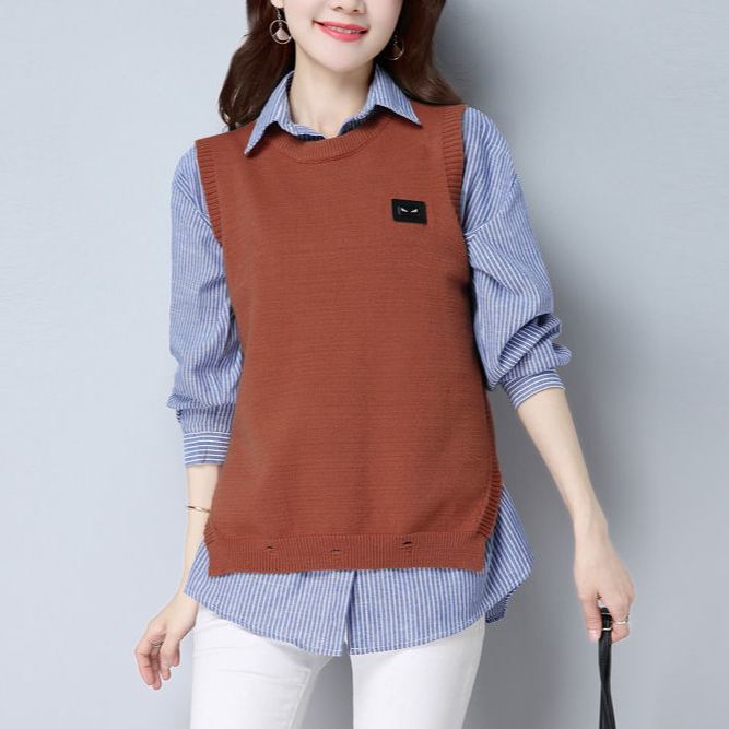 レディース ラウンドネック ニット 無地 ベスト