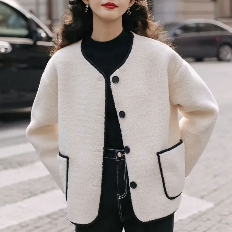 レディース ルーズ フィット ボタン付き 無地 ジャケット