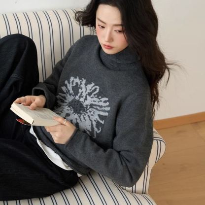 レトロなジャカード模様のハイネックセーター レディース