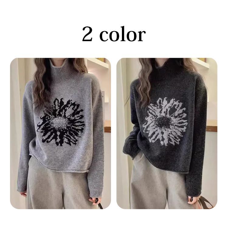 レトロなジャカード模様のハイネックセーター レディース