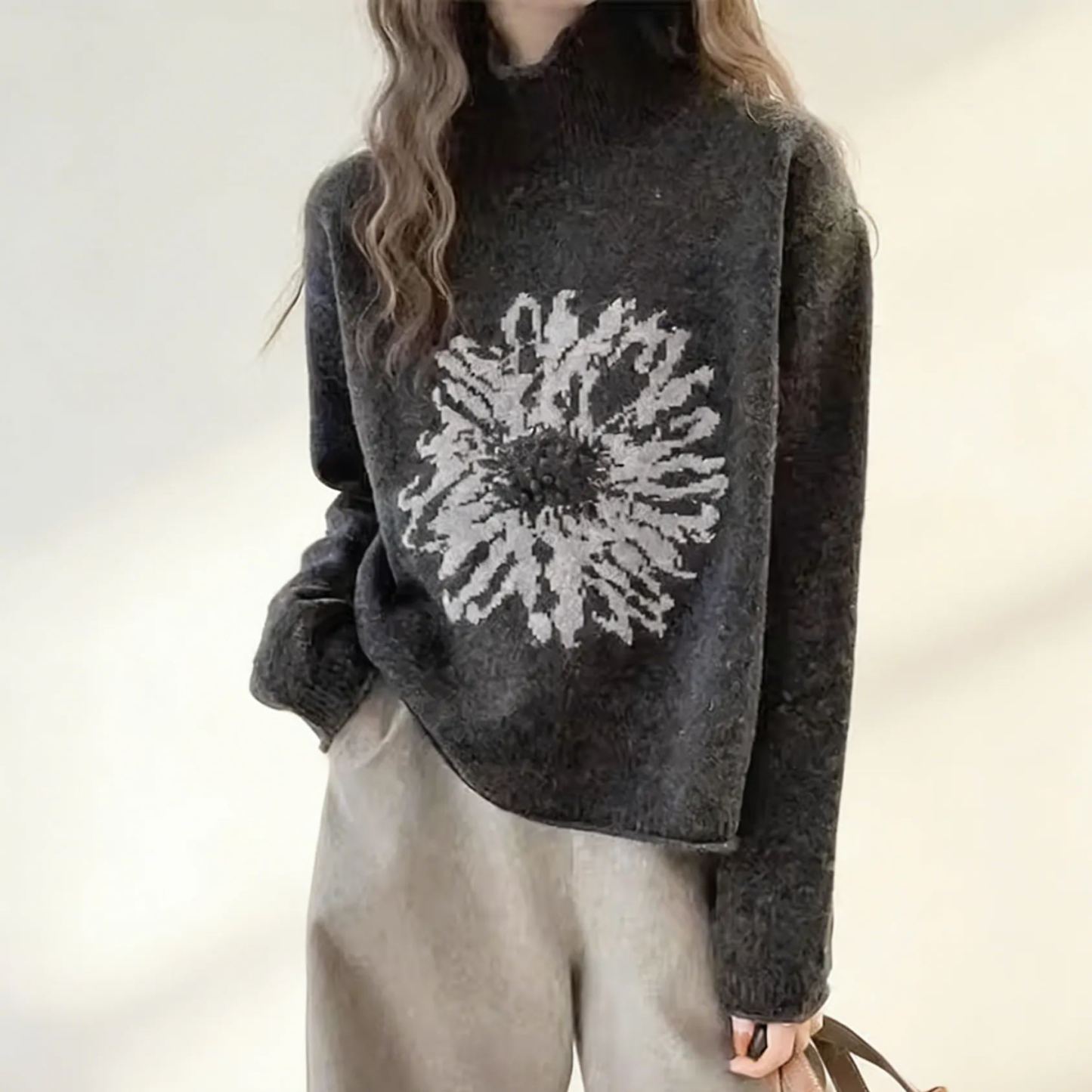 レトロなジャカード模様のハイネックセーター レディース