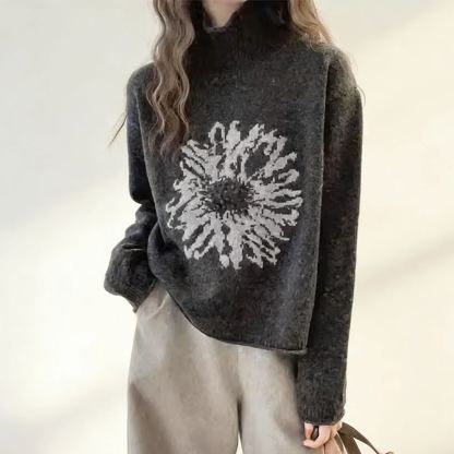 レトロなジャカード模様のハイネックセーター レディース