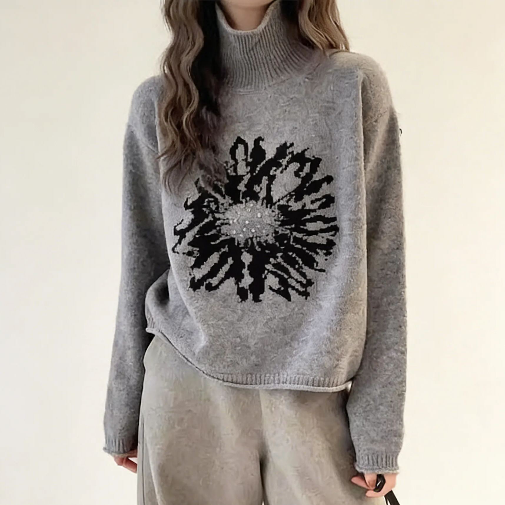 レトロなジャカード模様のハイネックセーター レディース