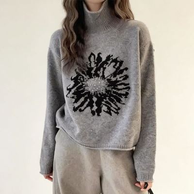 レトロなジャカード模様のハイネックセーター レディース