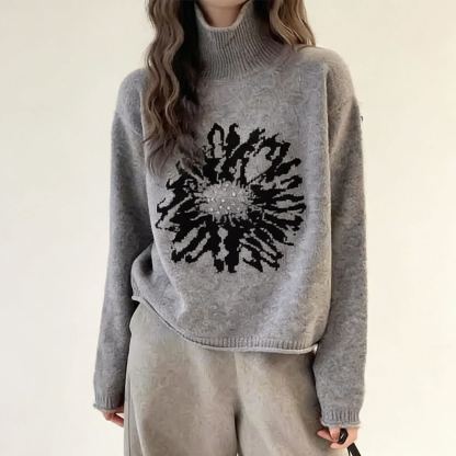 レトロなジャカード模様のハイネックセーター レディース