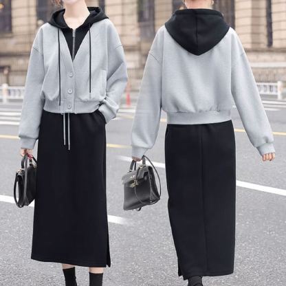 レイヤード風フード付きパーカーワンピ