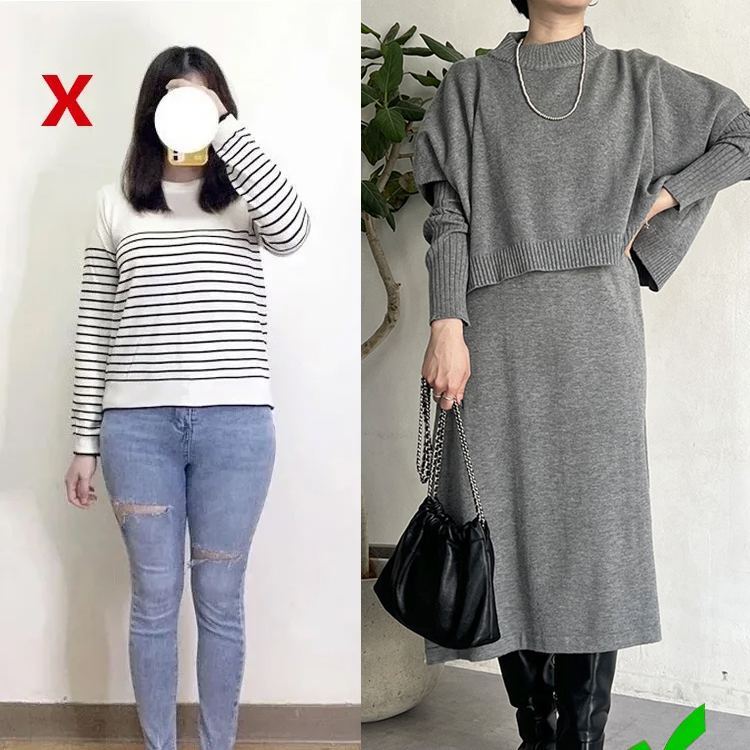 韓国スタイル 長袖 ニット 無地 ロング ワンピース