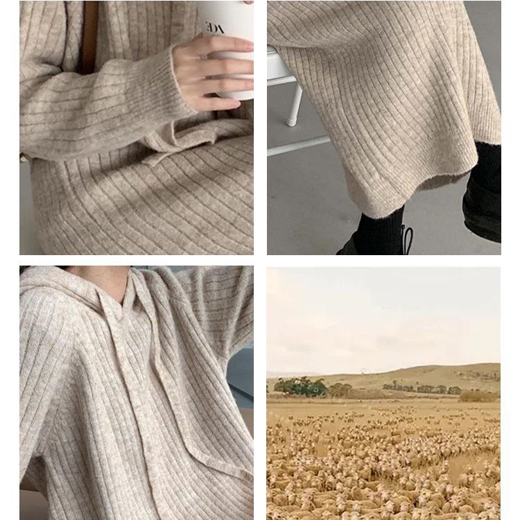 四色展開 韓国風 フード付き 無地 ロング丈 ニットワンピース