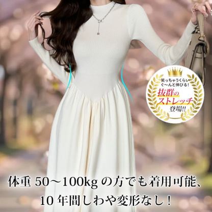 フレンチ風 ロングニットワンピース ハイネック長袖