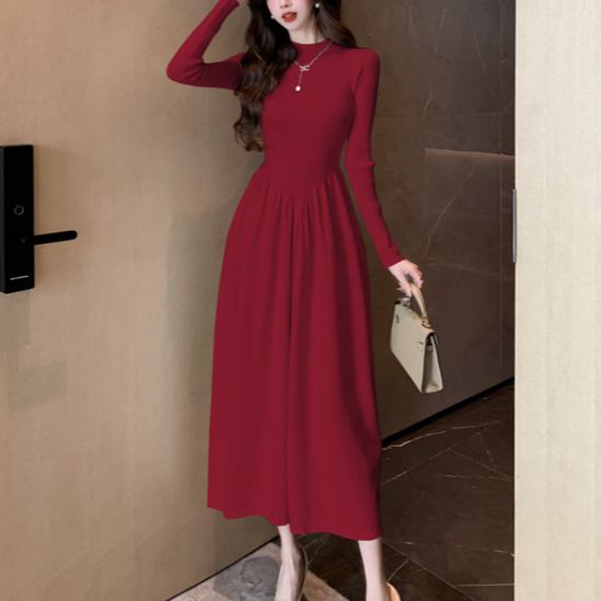 フレンチ風 ロングニットワンピース ハイネック長袖