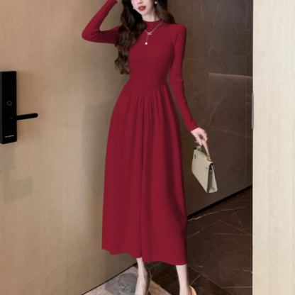 フレンチ風 ロングニットワンピース ハイネック長袖