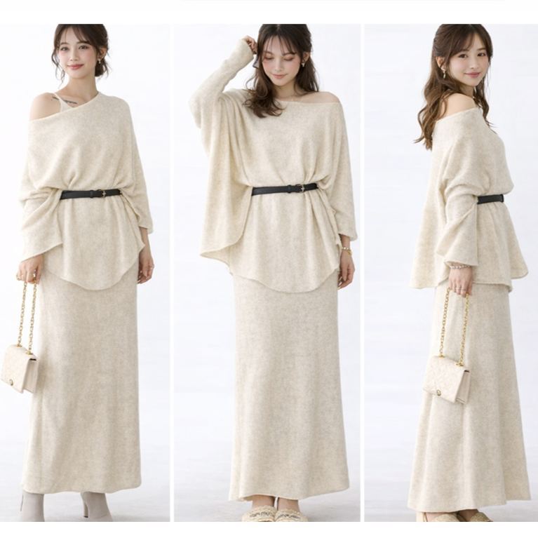 手触り良く 無地 カジュアル シンプル ニット+ワンピース セット