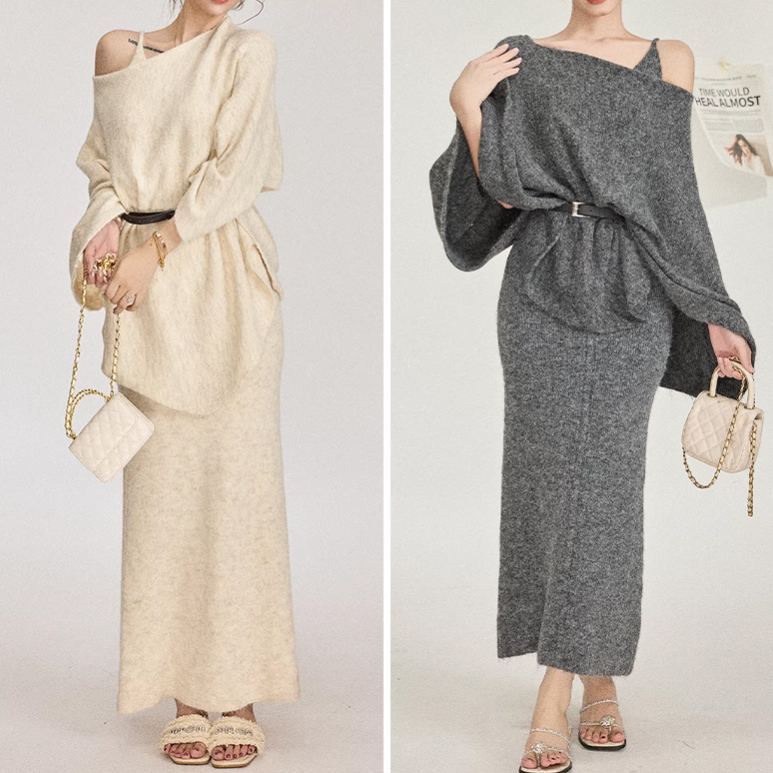 手触り良く 無地 カジュアル シンプル ニット+ワンピース セット