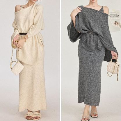 手触り良く 無地 カジュアル シンプル ニット+ワンピース セット