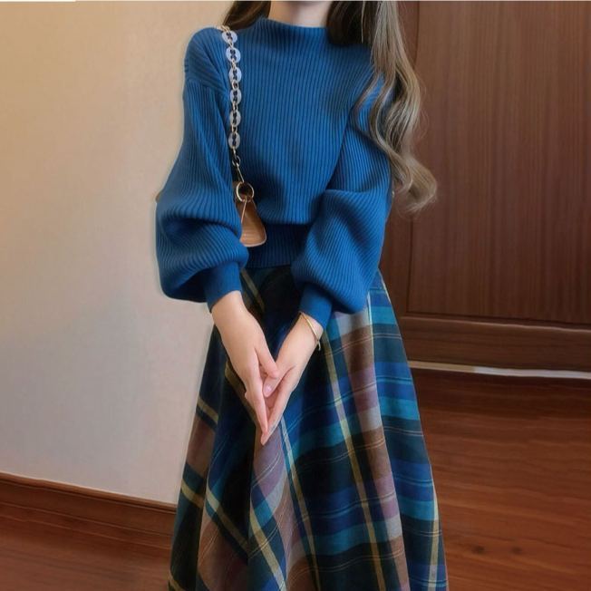 チェック柄 ニット+スカート セットアップ