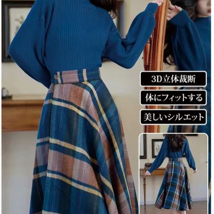 チェック柄 ニット+スカート セットアップ