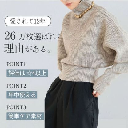 デザイン感あり 通勤向け プルオーバー ハイネック ウエスト絞り レディース ニットセーター