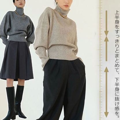 デザイン感あり 通勤向け プルオーバー ハイネック ウエスト絞り レディース ニットセーター