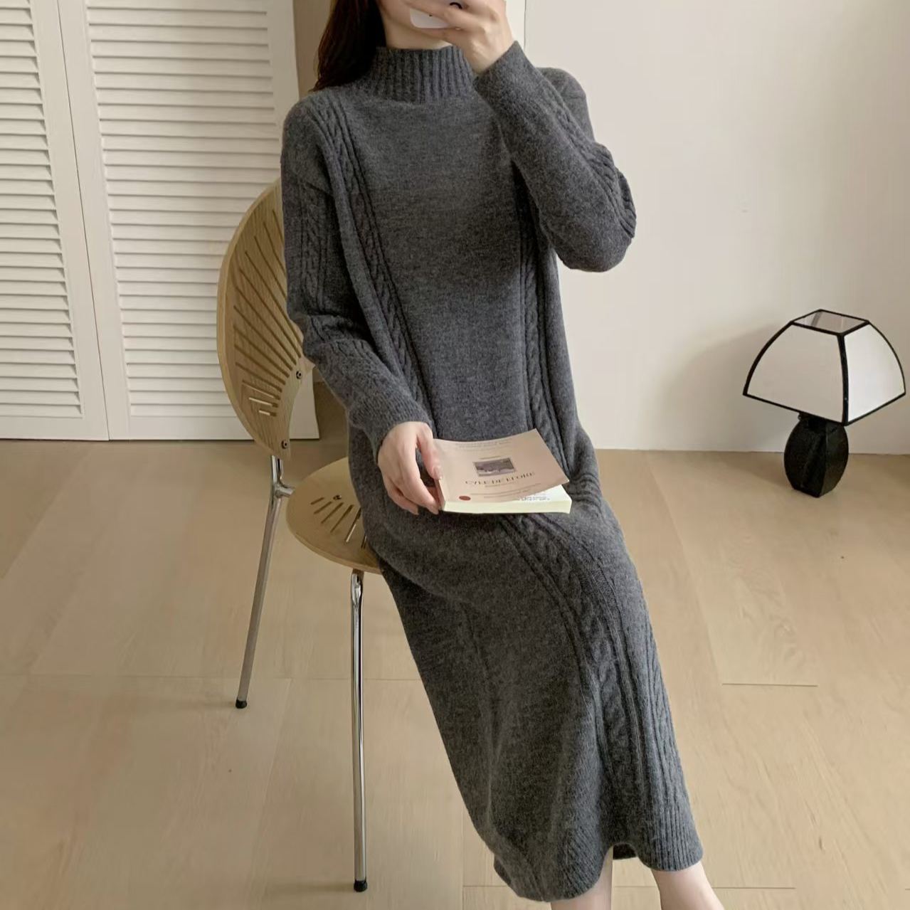 ハイネック ロング ニットワンピース