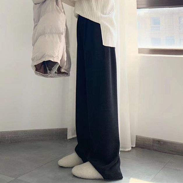 ゆるい雰囲気 無地 ハイウエスト ニット ワイドパンツ