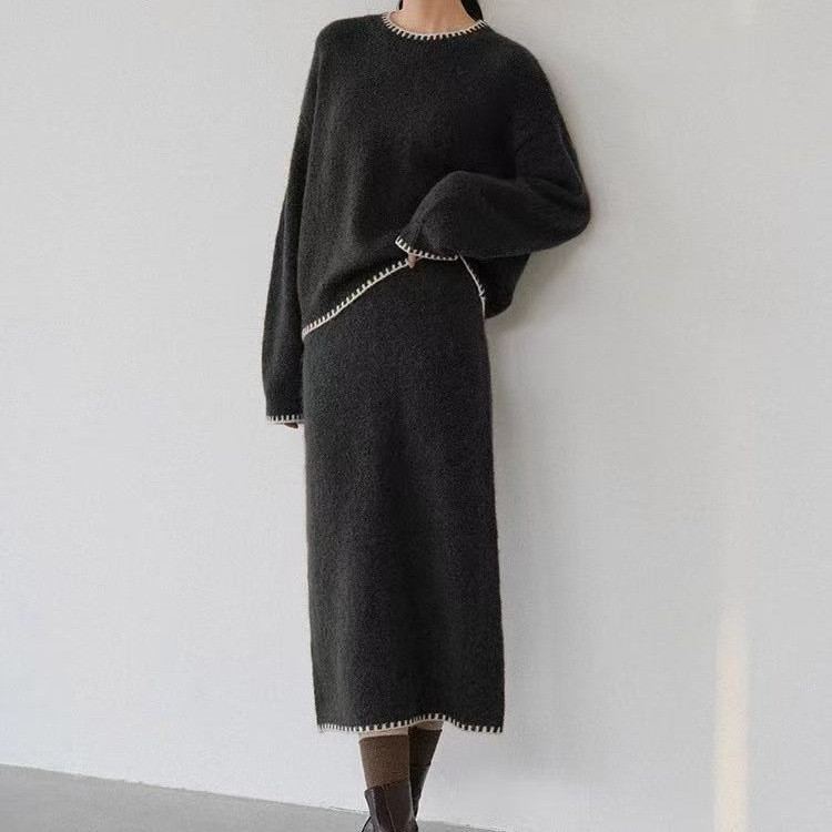 リラックススタイル無地ラウンドネックニットセット