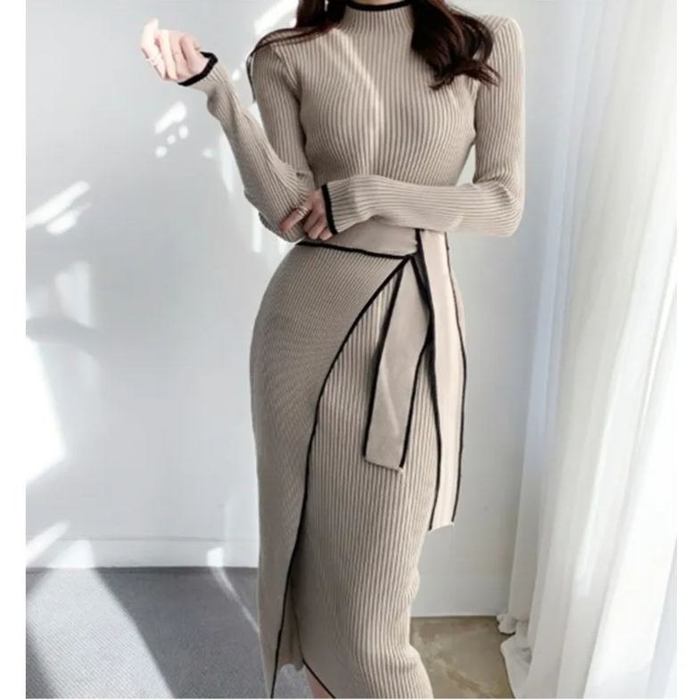 韓国スタイルミディ丈スリムフィットニットワンピース