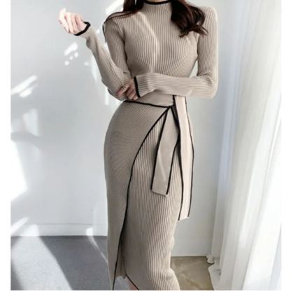 韓国スタイルミディ丈スリムフィットニットワンピース