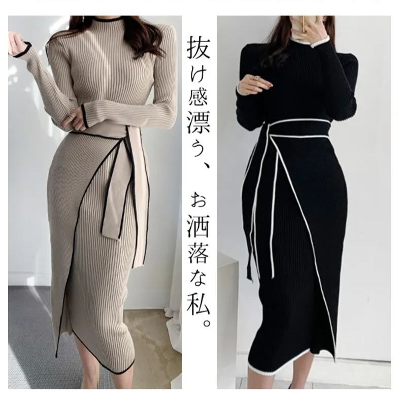 韓国スタイルミディ丈スリムフィットニットワンピース