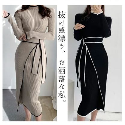 韓国スタイルミディ丈スリムフィットニットワンピース