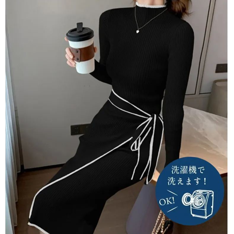 韓国スタイルミディ丈スリムフィットニットワンピース