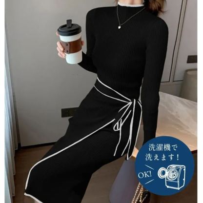 韓国スタイルミディ丈スリムフィットニットワンピース