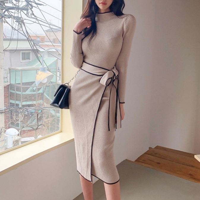 韓国スタイルミディ丈スリムフィットニットワンピース
