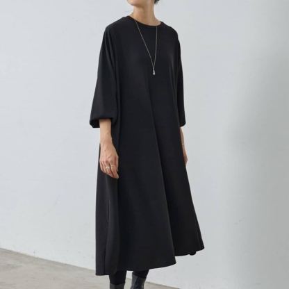 クルーネックロングゆったりスリム長袖ワンピース