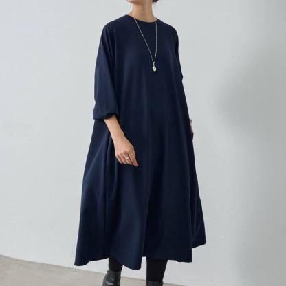 クルーネックロングゆったりスリム長袖ワンピース