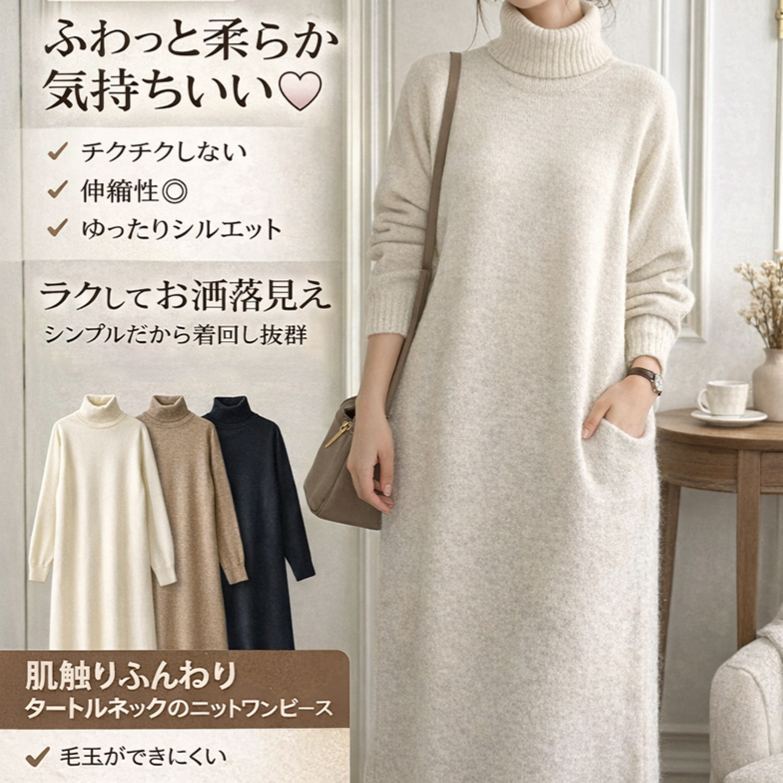 レディース ハイネック ロング丈 無地 ニットワンピース