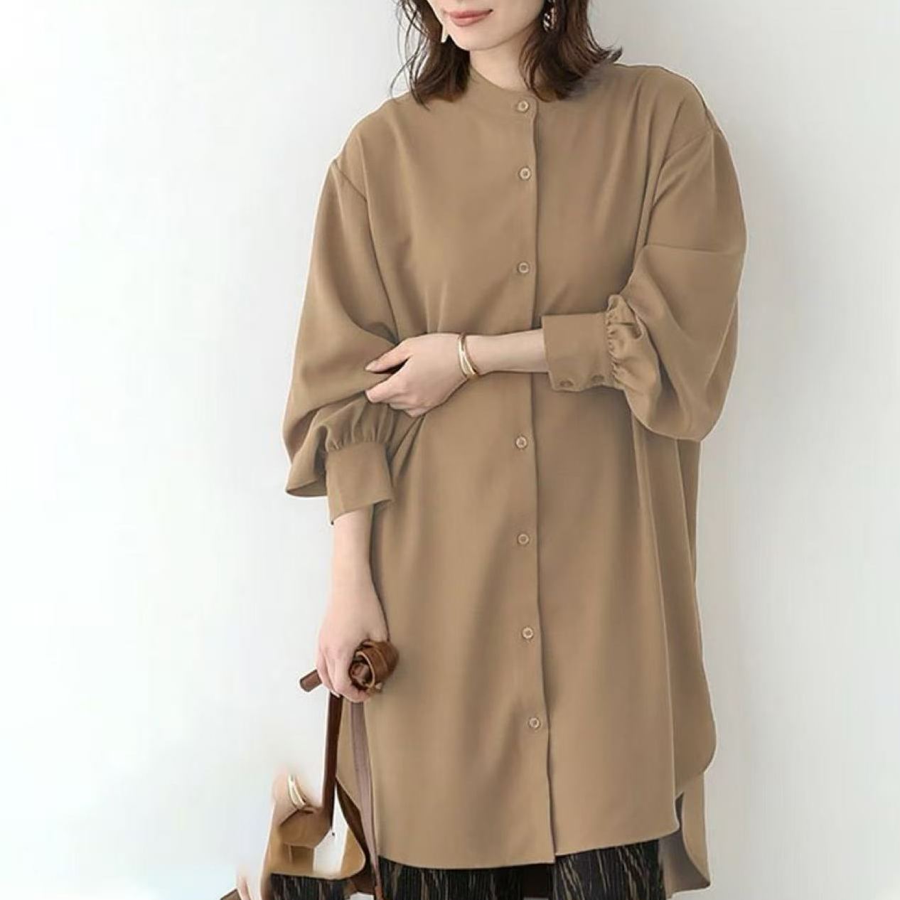無地 カジュアル ミドル丈 レディース 長袖 シャツワンピース