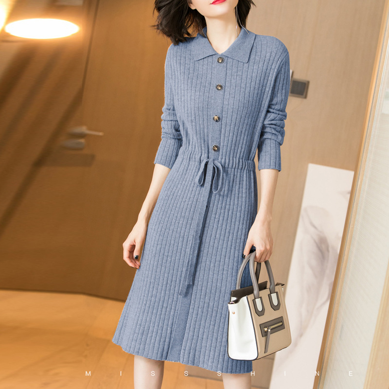 ロング 襟付き ボタン付き 無地 ニットワンピース
