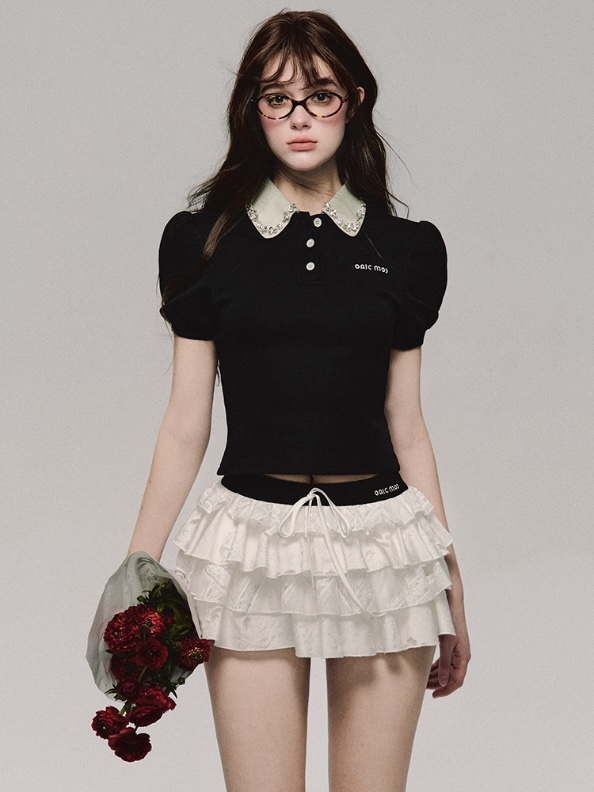 Pearl Collar Puff Sleeve Polo Top （パールカラーパフスリーブポロトップ）