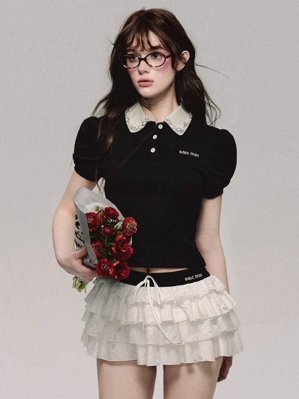 Pearl Collar Puff Sleeve Polo Top （パールカラーパフスリーブポロトップ）