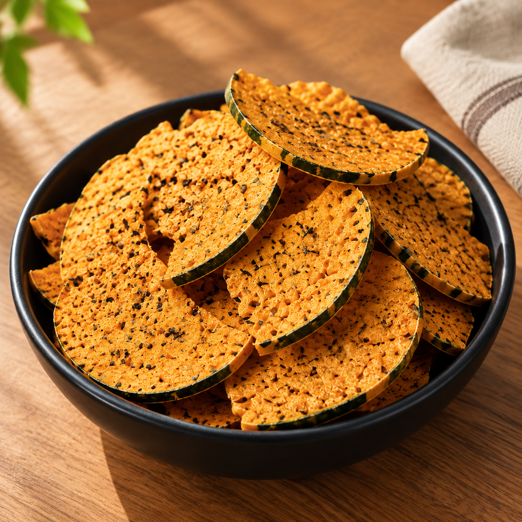 Prémium szarvasgombás sütőtök chips – ropogós, sütőben sült zöldségchips transzzsír nélkül