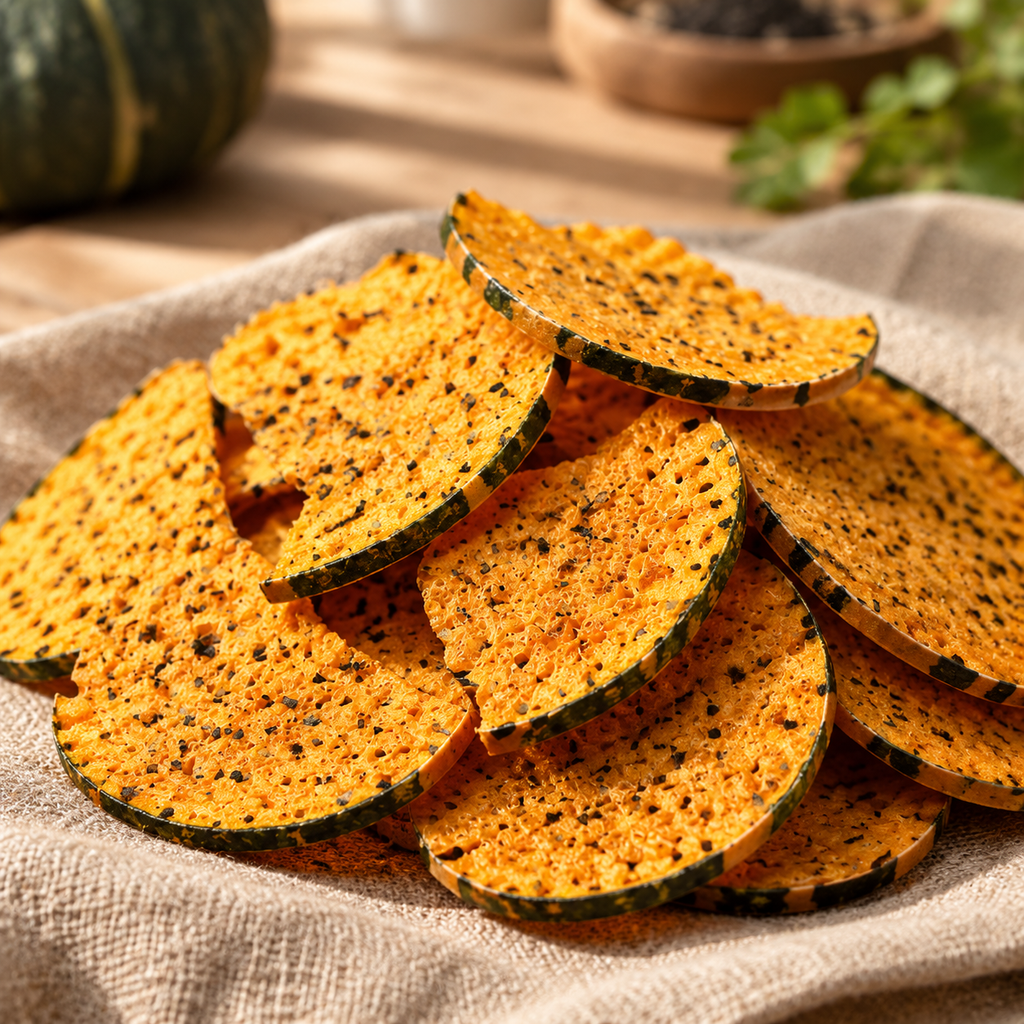 Prémium szarvasgombás sütőtök chips – ropogós, sütőben sült zöldségchips transzzsír nélkül