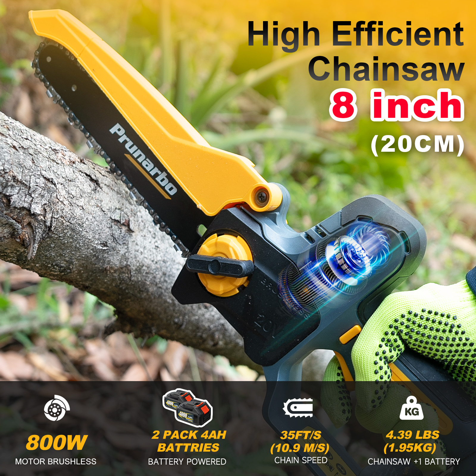 21V 8Inch Mini Chain Saw Battery Powered Electric Chainsaw with 2Pack 4000mAh Batteries-- Prunarbo PR-E8