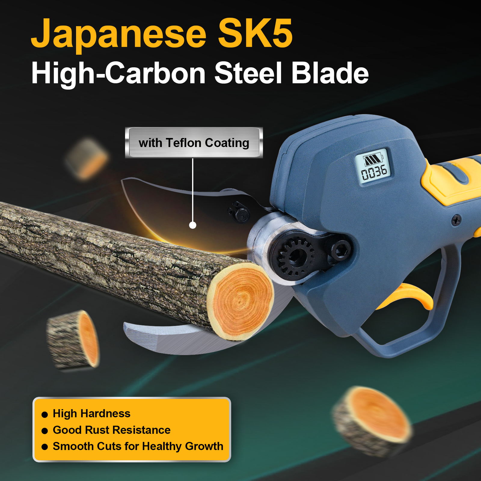 Premium SK5 blade delivers surgical precision – corrosion-resistant edge on electric pruner for clean, healthy plant pruning